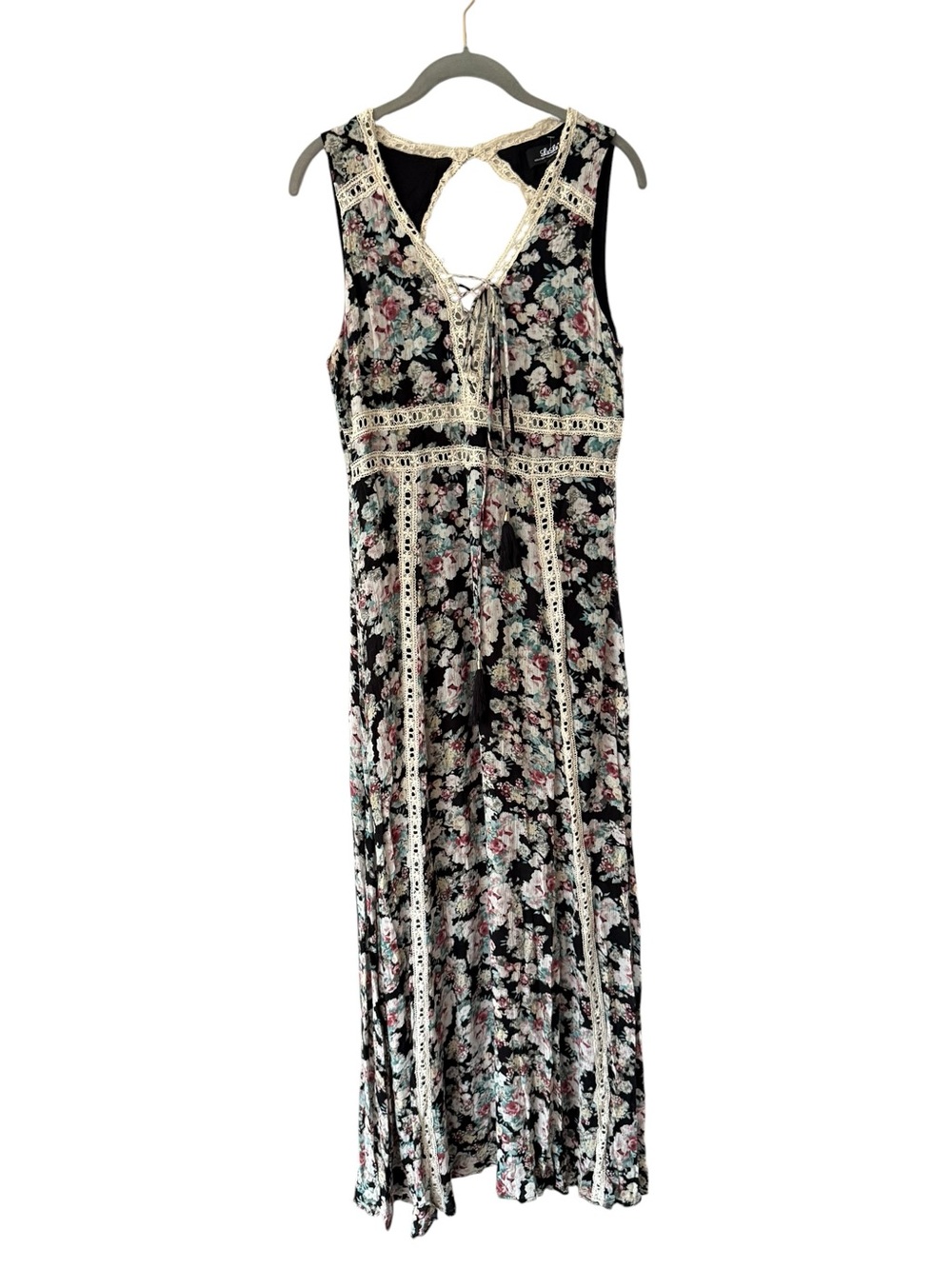 Lulu's Black Floral Print Maxi Dress Size XL Crochet Lace-Trim Boho Party Event - Picture 3 of 17